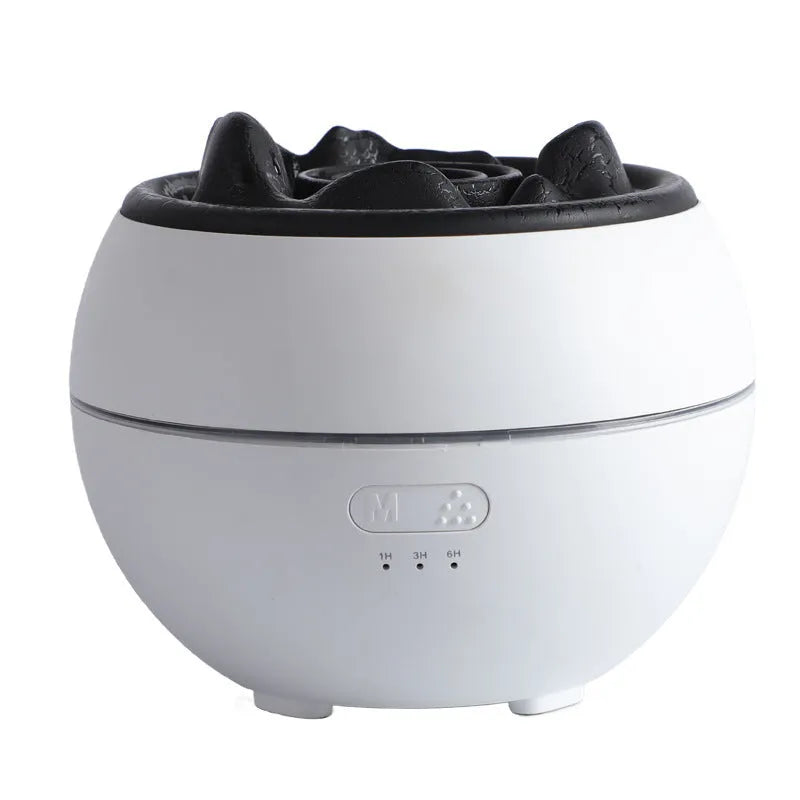 Flame aroma diffuser with timer, 300ml water tank, black crack style, on a wooden desk, with visible USB cable