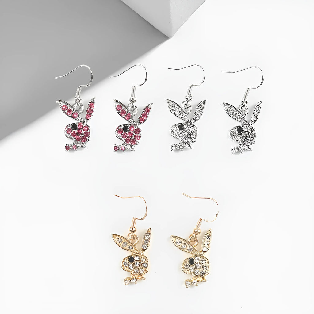 Rabbit stud earrings with full diamond detail in silver, pink, or gold alloy metal