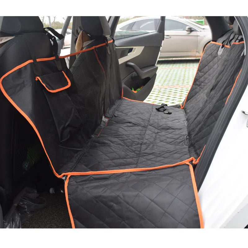Black 600D Oxford cloth pet car seat cover with orange edge on rear bench