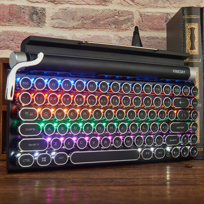 Black retro typewriter-style Bluetooth mechanical keyboard with backlit keys