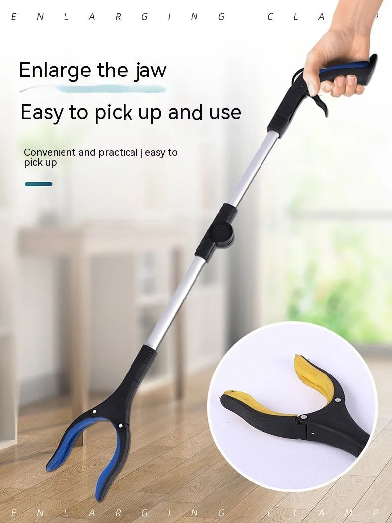 Silver folding rubbish grabber with blue handle extended to 80cm, showing magnet end.