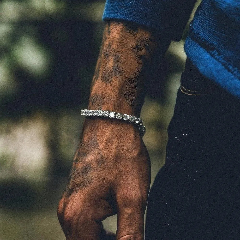 Men's hip hop bracelet with single row rhinestones, tennis charm design in alloy with zirconia elements