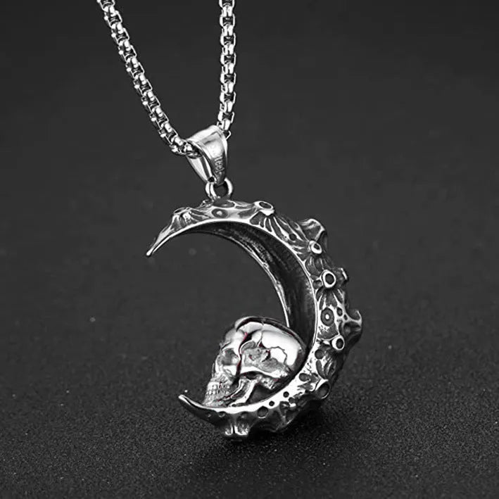 Men's stainless steel skull necklace with electroplated silver finish showing six pendant design options