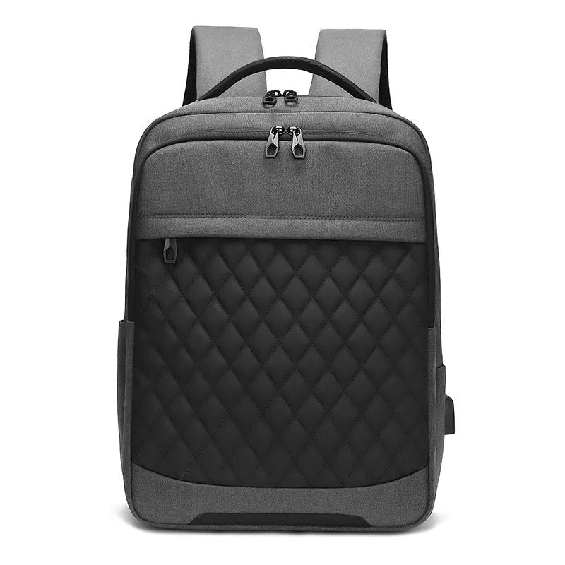 Men's Oxford cloth leisure travel backpack in black with curved shoulder strap and diamond mesh detail