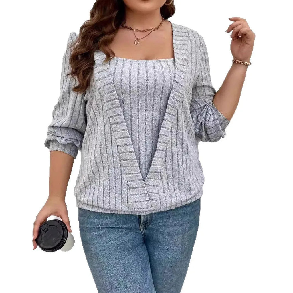 Solid colour rib fabric false two-piece suit with V-neck and long sleeves in loose fit