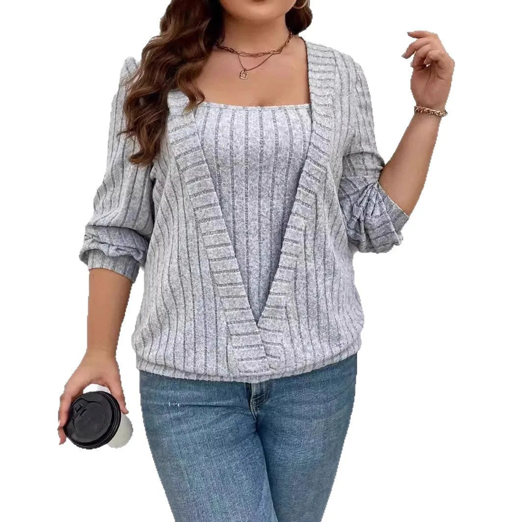 Solid colour rib fabric false two-piece suit with V-neck and long sleeves in loose fit