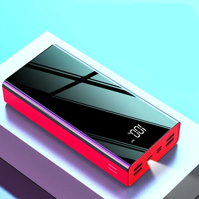 Large 40000mAh capacity power bank with LCD display in red and black plastic case