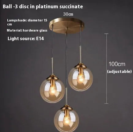 Modern round chandelier with glass balls in a Nordic style, mounted on a ceiling.