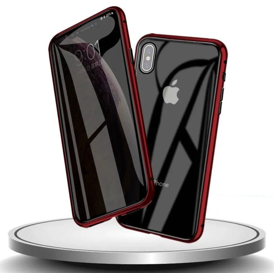 Glass clamshell anti-spy phone case in black, silver, red, gold, green, or blue for iPhone models.