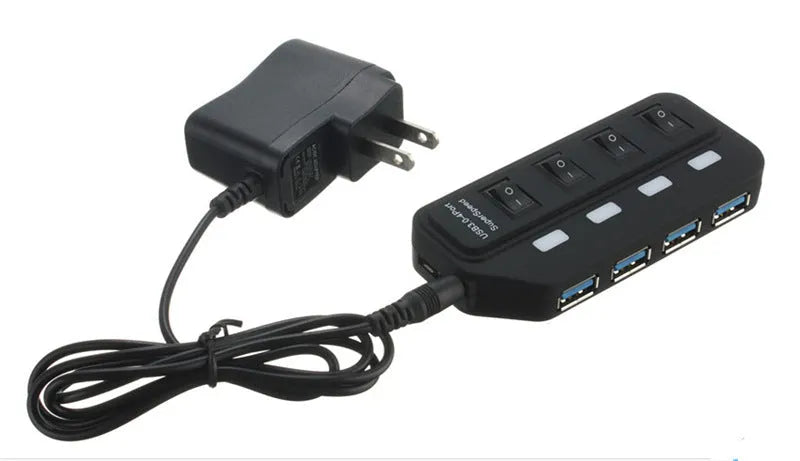 Compact USB 3.0 7-port hub with overload protection, available in EU or US models