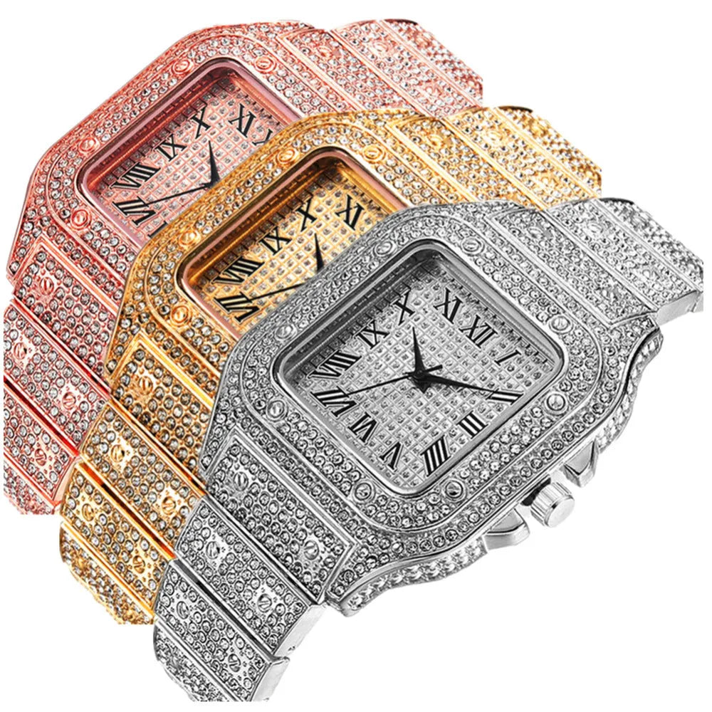 Roman grain graduation quartz watch set with square dial, diamond studs and black mesh band