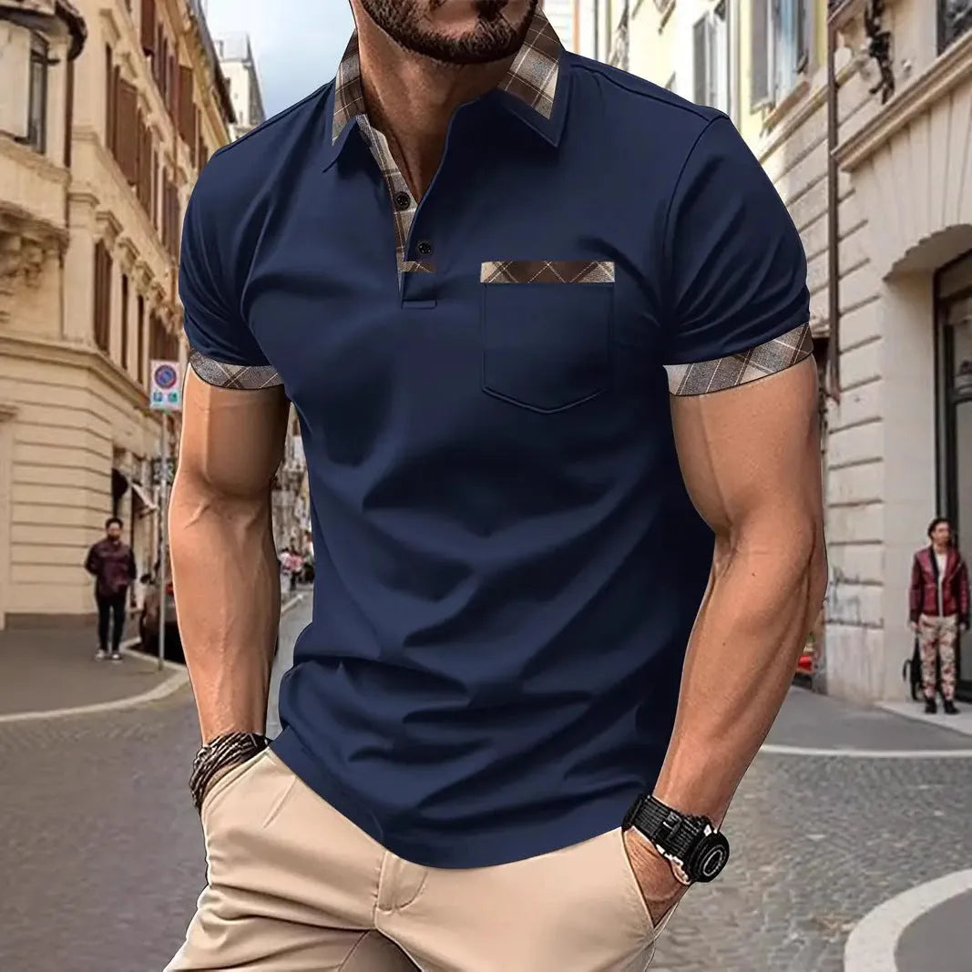 Men's loose fit plaid colourblock t-shirt with short sleeves and zipper decorations.