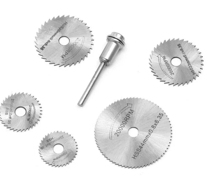 Set of six small circular saw blades with high-speed steel teeth and a 15mm centre hole