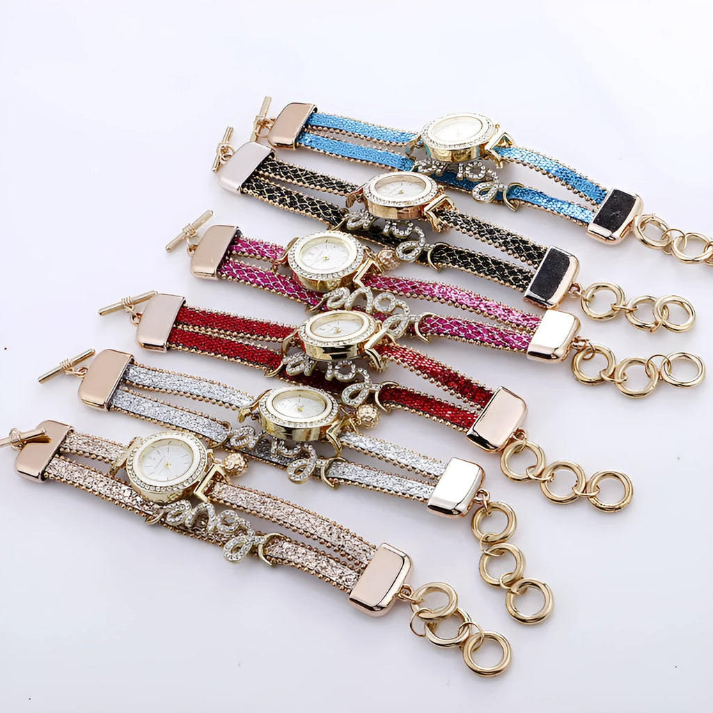 Sequin bracelet watch with round dial, alloy case, faux leather strap, available in multiple colours