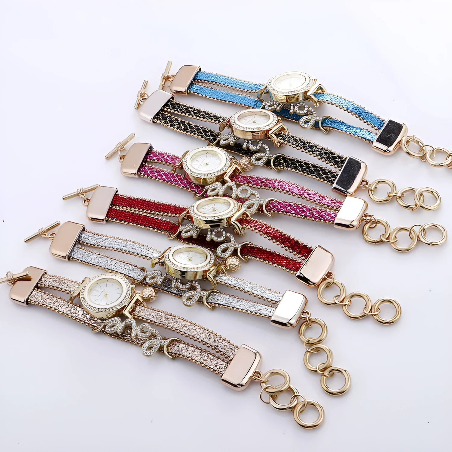 Sequin bracelet watch with round dial, alloy case, faux leather strap, available in multiple colours