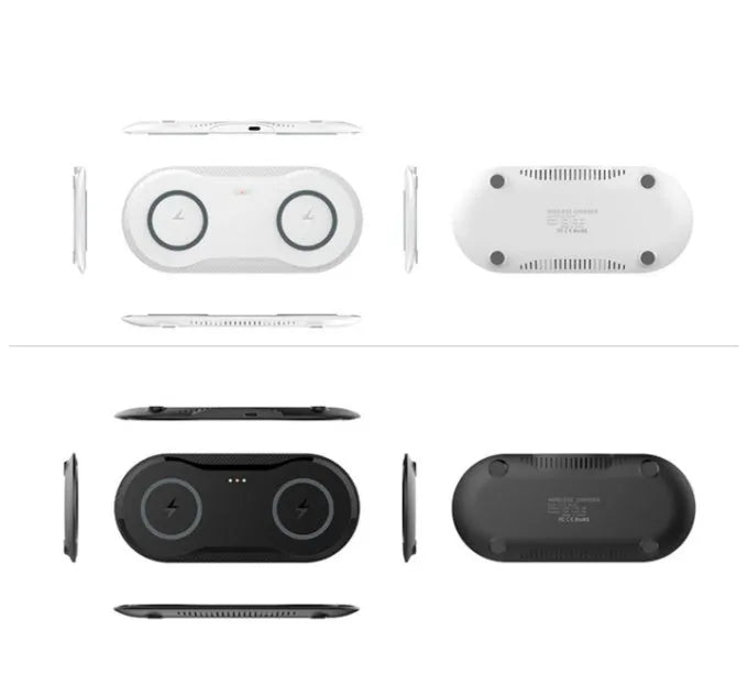 Black and white dual-coil 10W wireless charging pad for two mobile phones