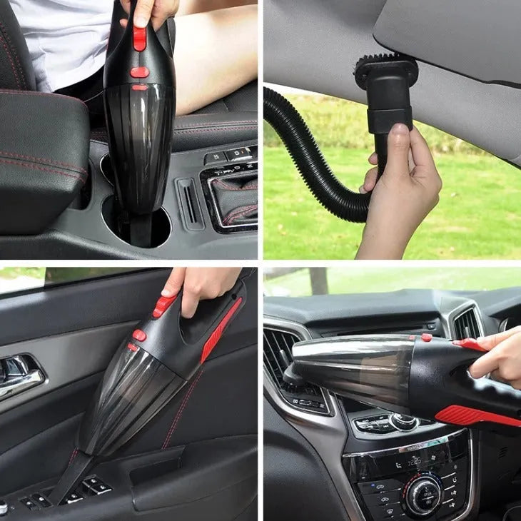 Handheld 120W car vacuum cleaner with brush and long nozzle, black wired model, on car seat