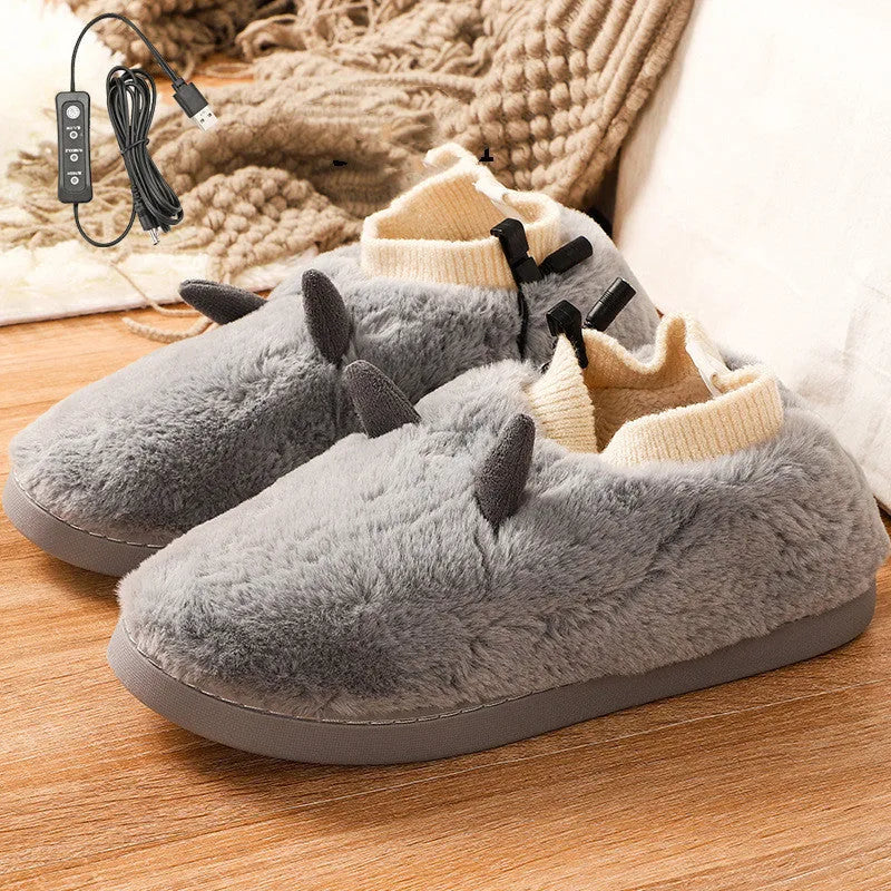 USB electric heating slippers in soft velvet, showing adjustable temperature controls and a connected USB cable.