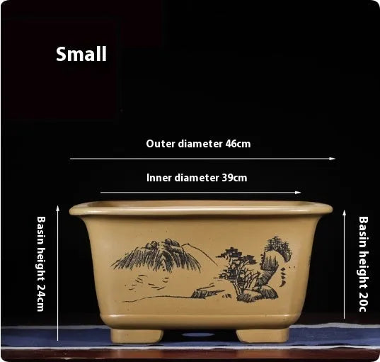 Large Chinese-style purple clay flower pot for indoor bonsai and plants.