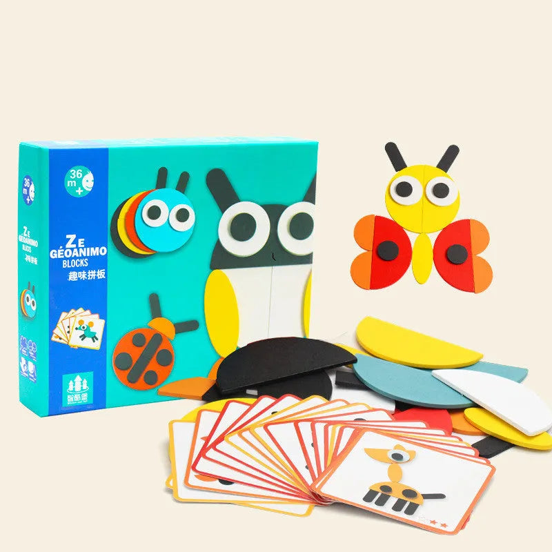 Wooden tangram 3D animals puzzle with multi-colour pieces on table