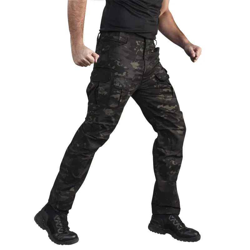 City Tactical Pants in polyester fibre, black colour, showing side view with multiple size options.