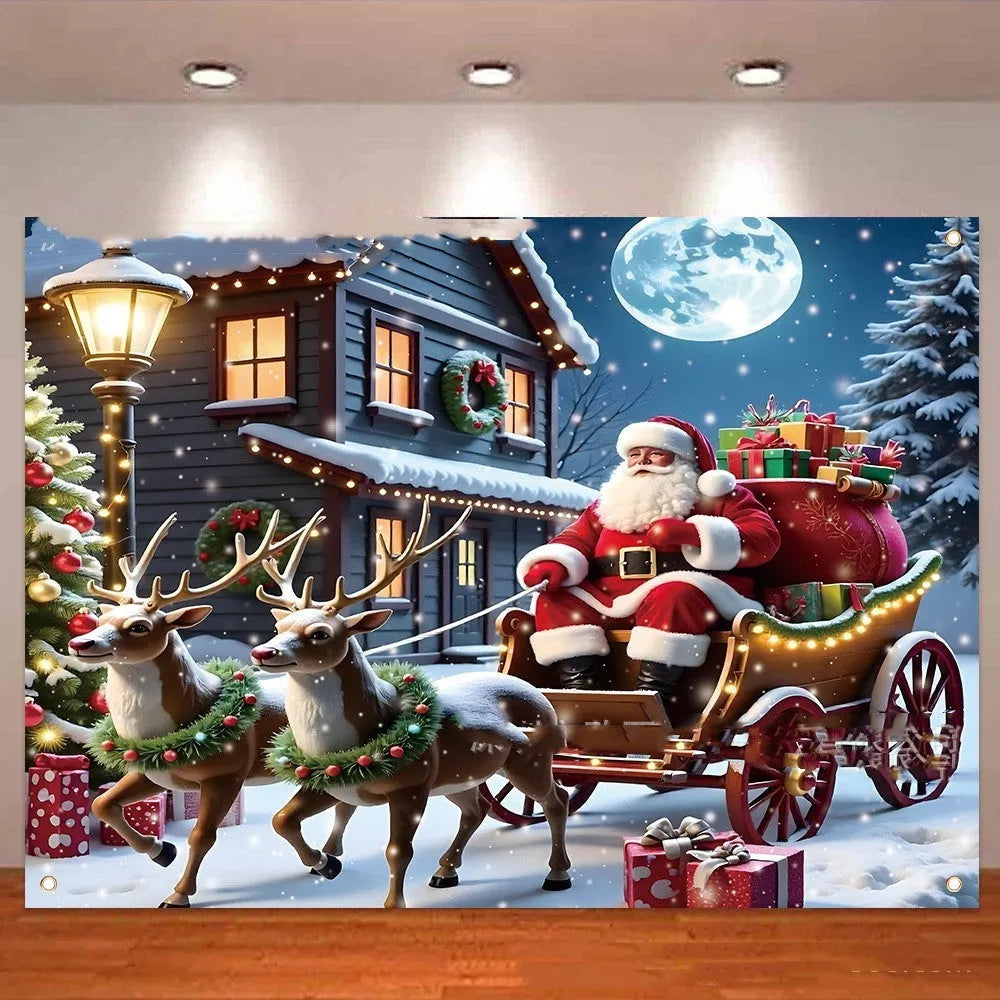 Large red and white Christmas banner with Santa Claus, starry night, and gift box graphics.