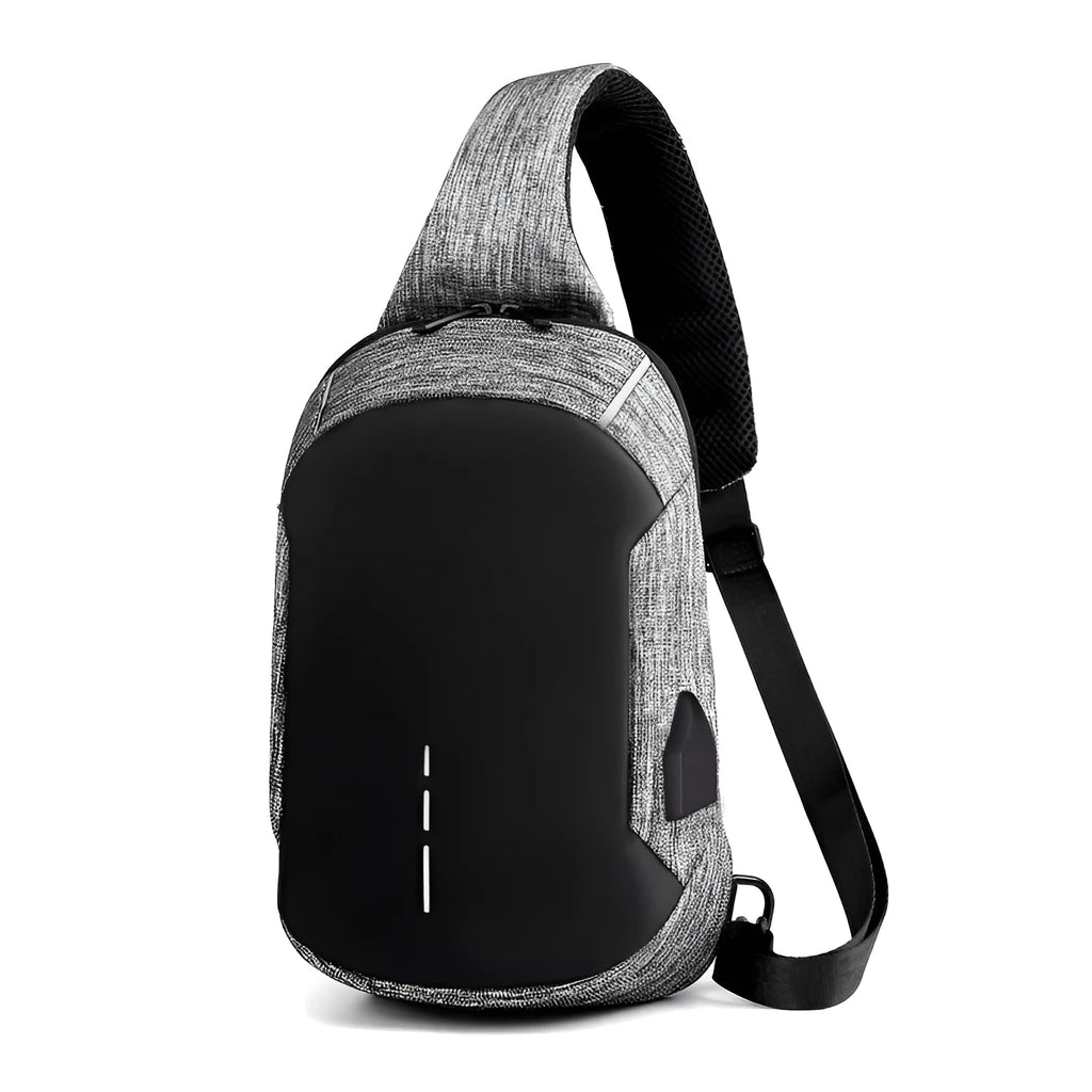 Small dark blue Oxford cloth chest bag with zipper closure showing internal phone compartment