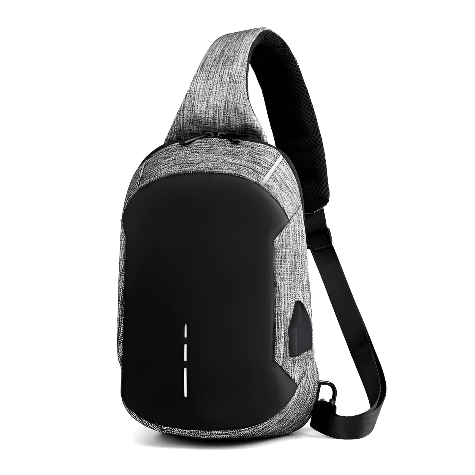 Small dark blue Oxford cloth chest bag with zipper closure showing internal phone compartment