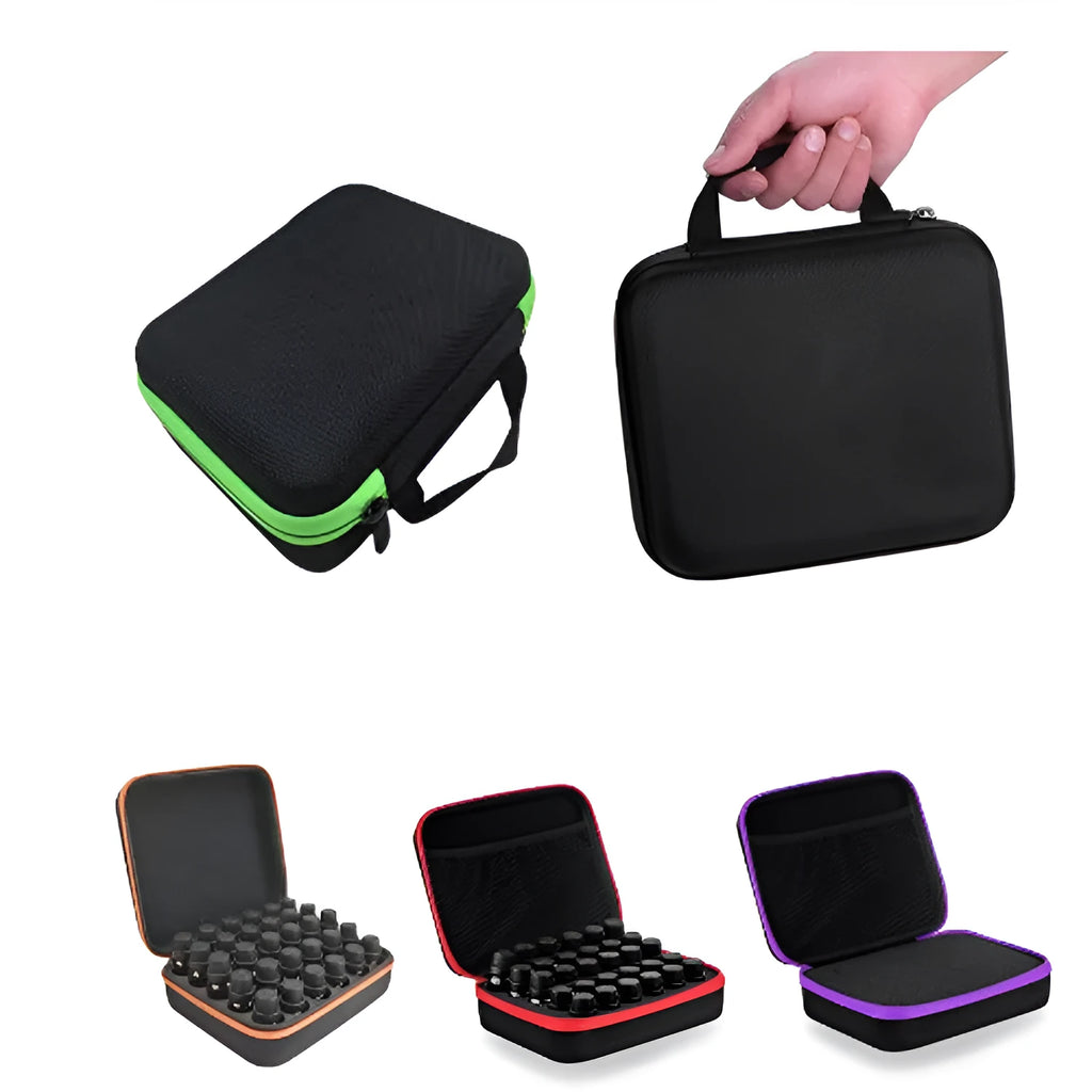 Red EVA essential oil storage bag with 30 compartments open to show bottle slots.