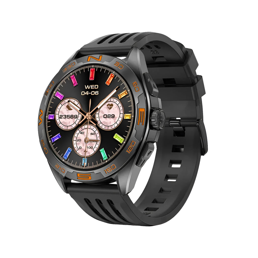 Smart watch with health monitoring display showing blood pressure, heart rate, and blood oxygen readings