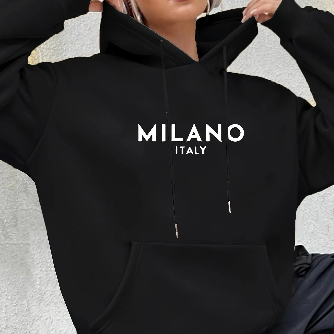 Casual loose fit pullover hoodie in light gray with printed pattern, kangaroo pocket, and hood for men youth polyester fibre
