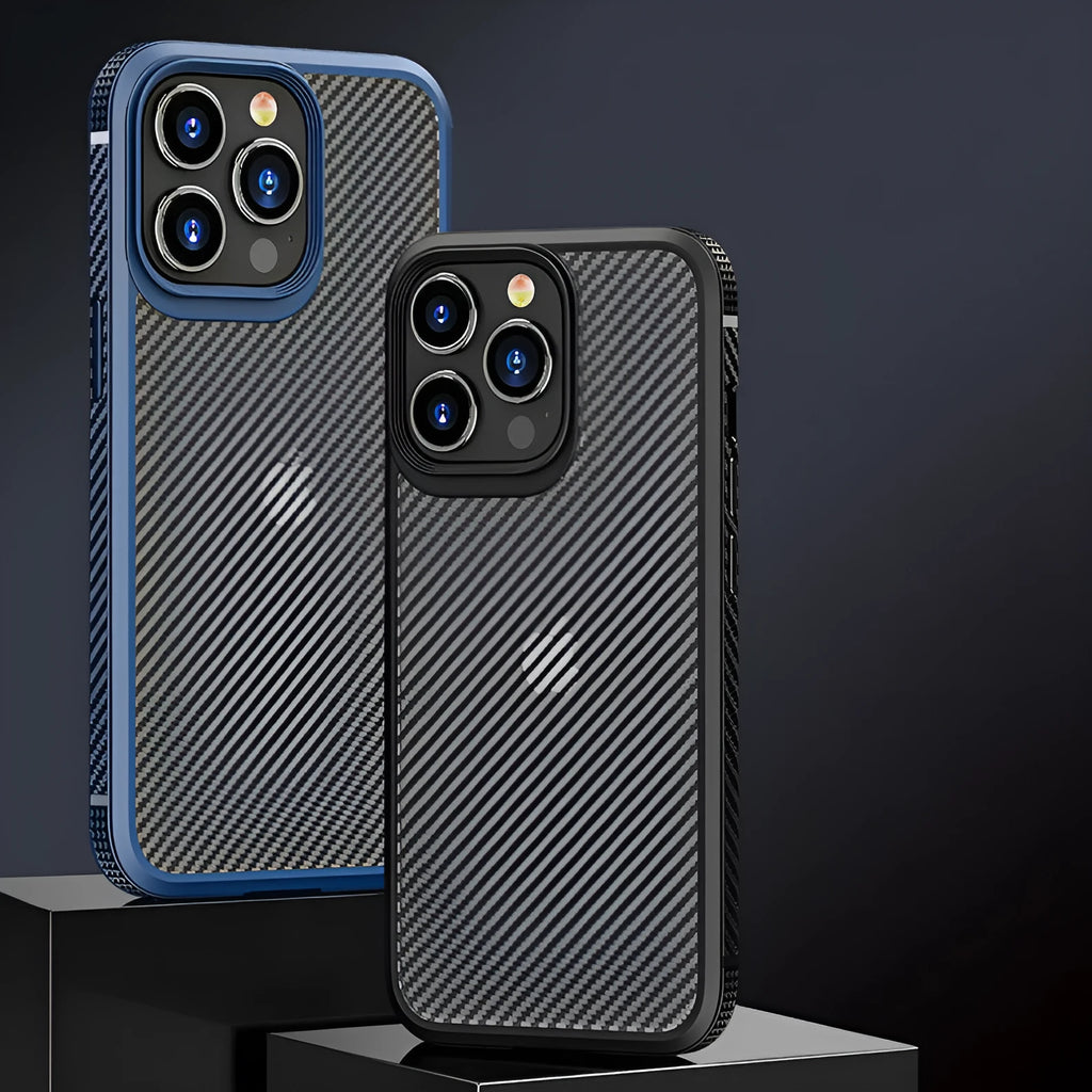 Black anti-fall iPhone 13 protective case with carbon fibre pattern and TPU+PC construction