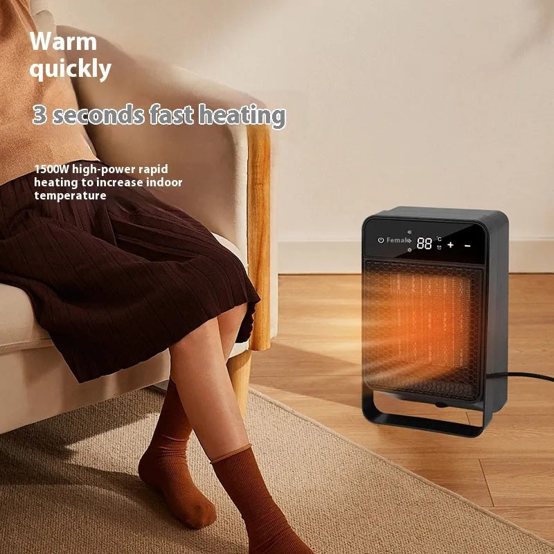 Black desktop electric heater with touch screen digital display and remote control on wooden desk