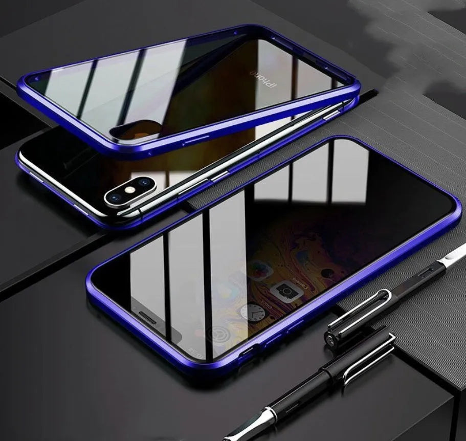 Glass clamshell anti-spy phone case in black, silver, red, gold, green, or blue for iPhone models.
