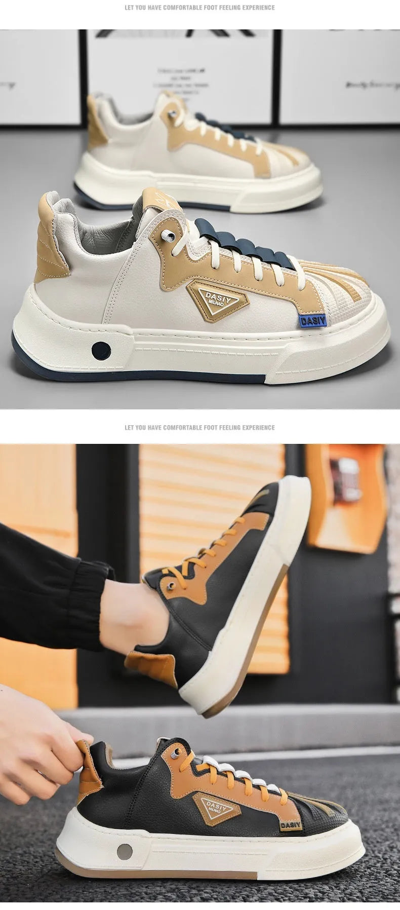Men's black and beige casual sneakers with elastic band closure and round toe design