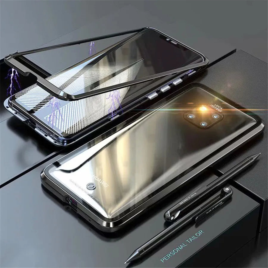 Magnetic Huawei phone case with metal frame and clear tempered glass back