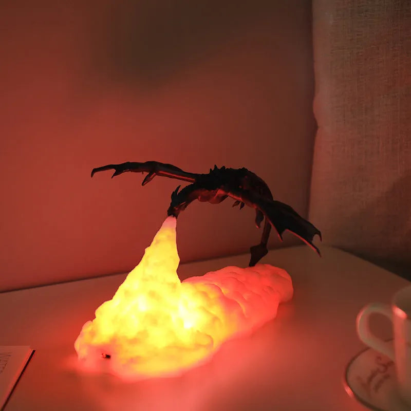 3D printed LED dragon night light with warm glow, biodegradable PLA, rechargeable, blue colour
