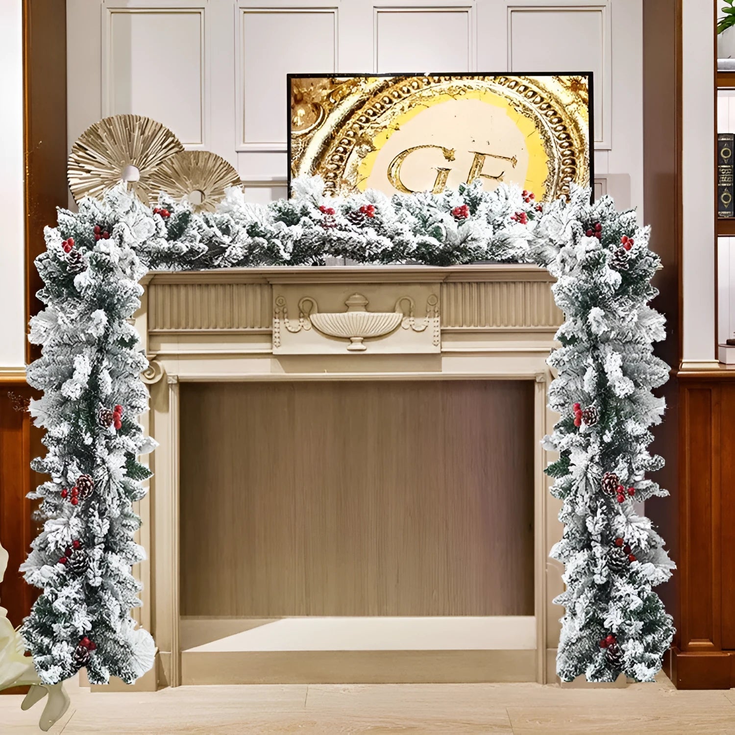 White snow flocked rattan Christmas garland draped decoratively with PVC construction