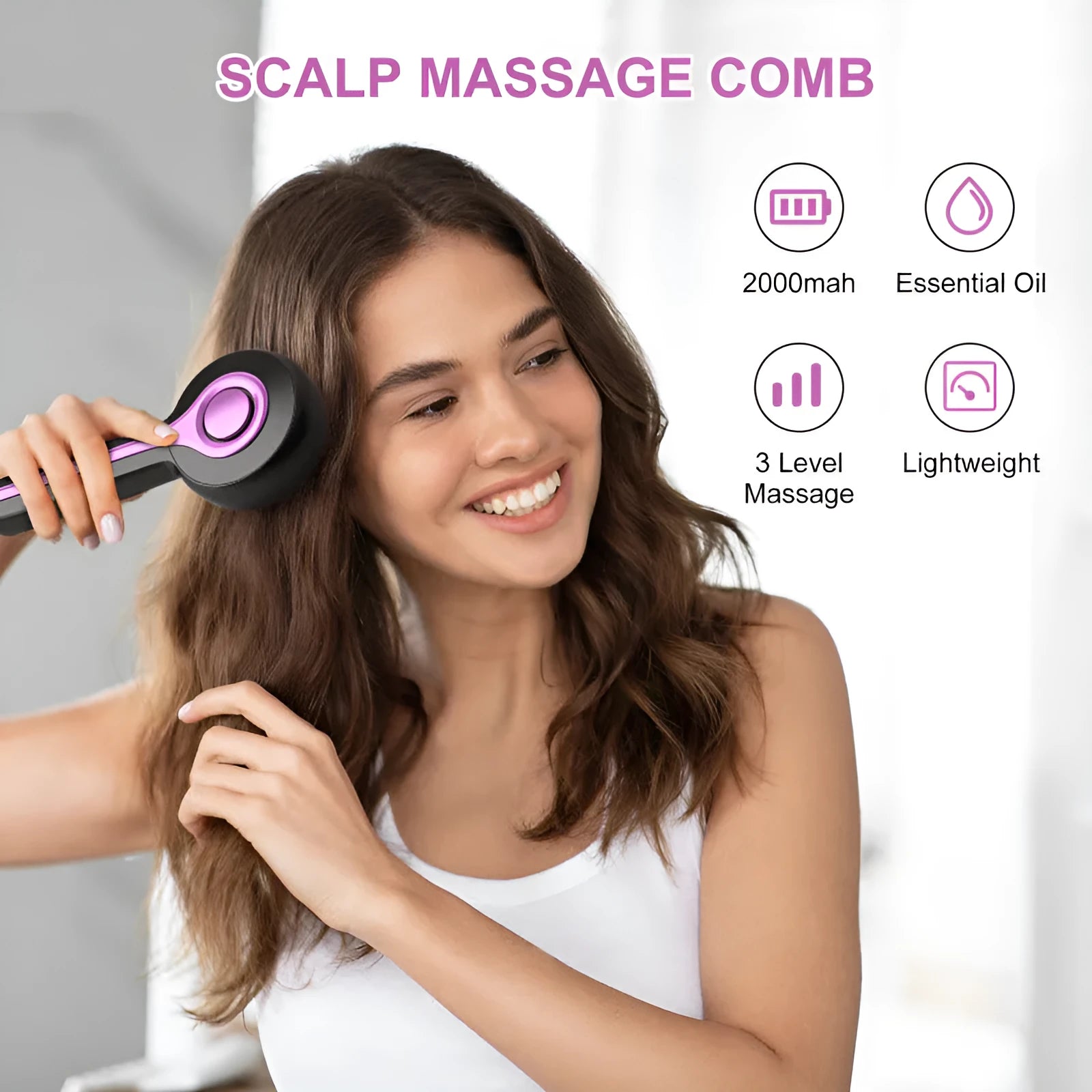 A black USB-powered hair brush massager with a mechanical two-speed switch on a grey background.
