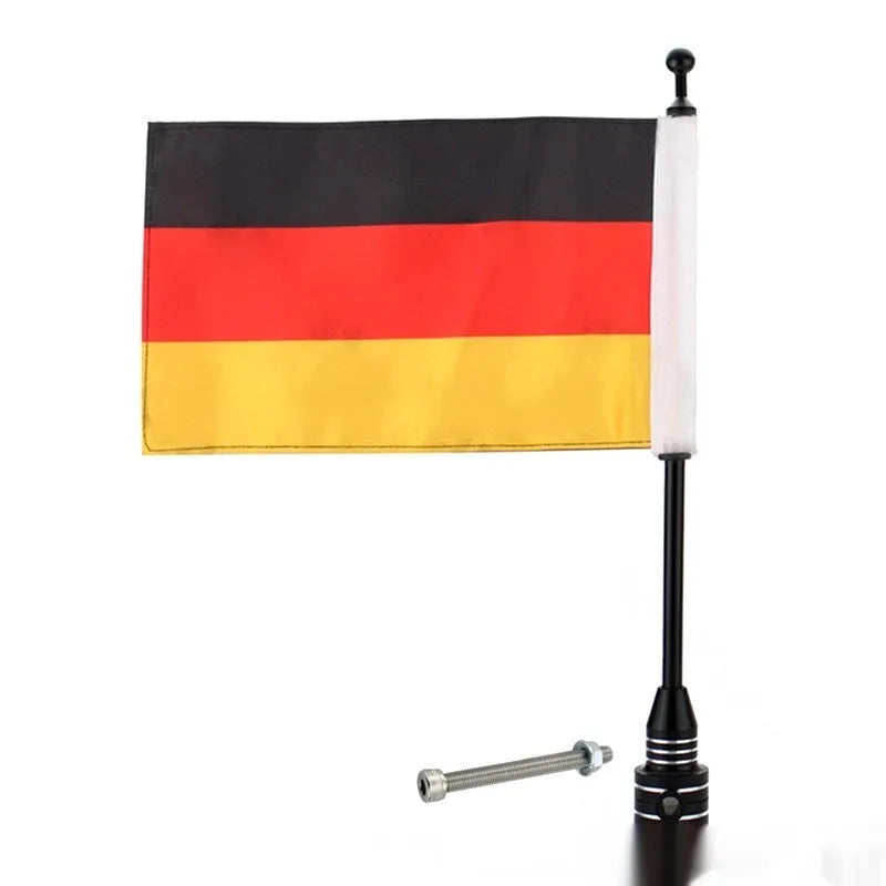 Black and silver motorcycle luggage rack flagpole for side boxes and panniers.