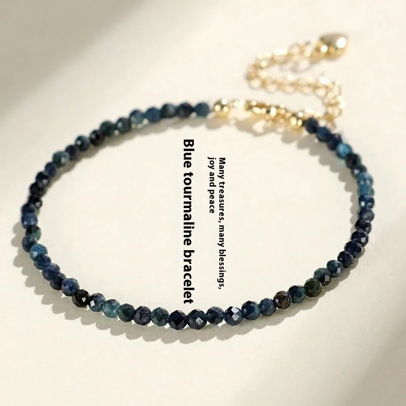 Blue tourmaline beaded bracelet with 3mm stones and silver spacer beads