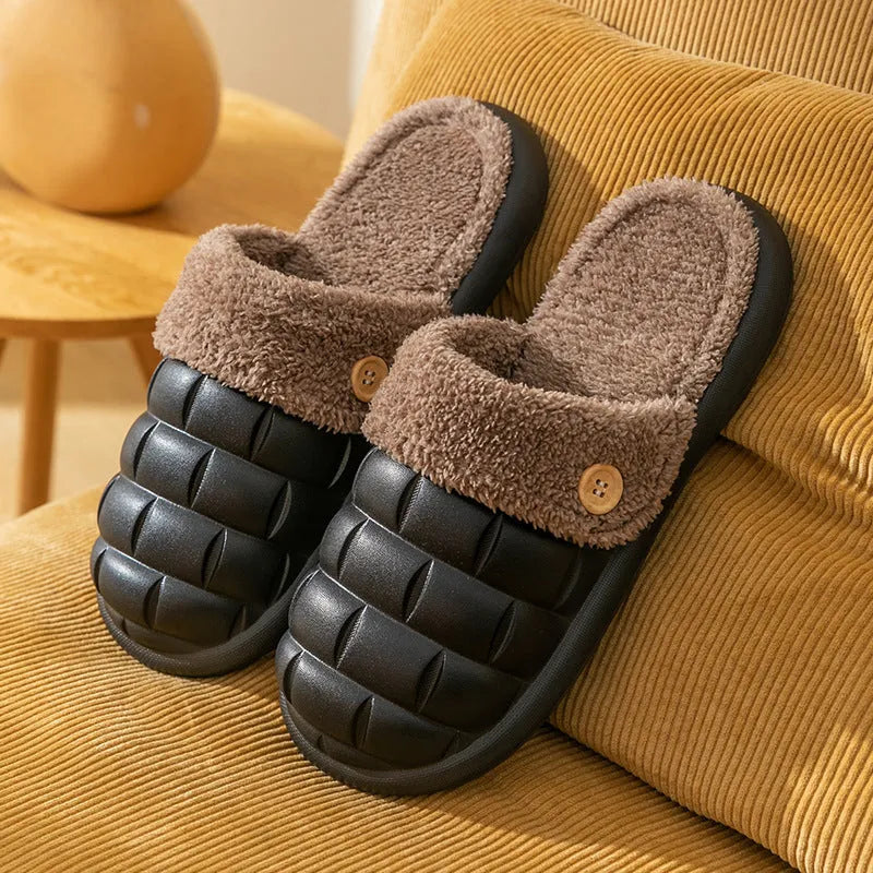 Plaid pattern detachable slippers with EVA sole and plush lining, shown in pink colour.