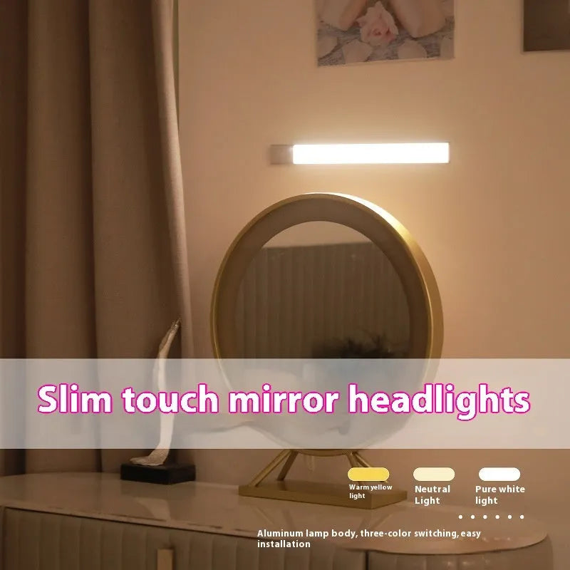 Ultra-thin LED mirror headlight with USB charging in modern simplicity style, 300x40x10mm, tri-color temperature