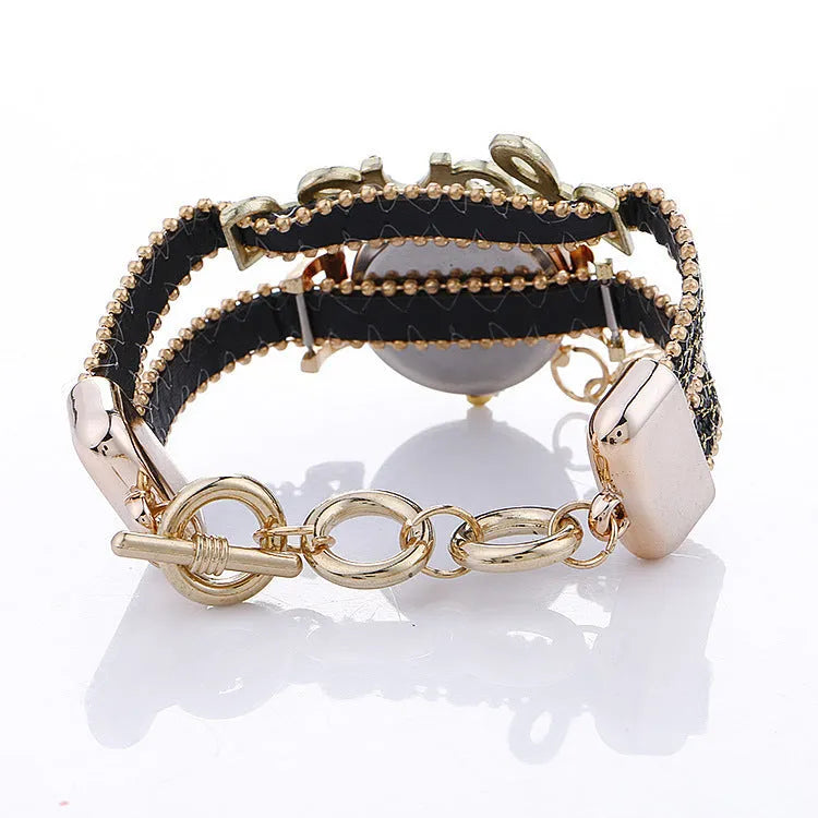 Sequin bracelet watch with round dial, alloy case, faux leather strap, available in multiple colours