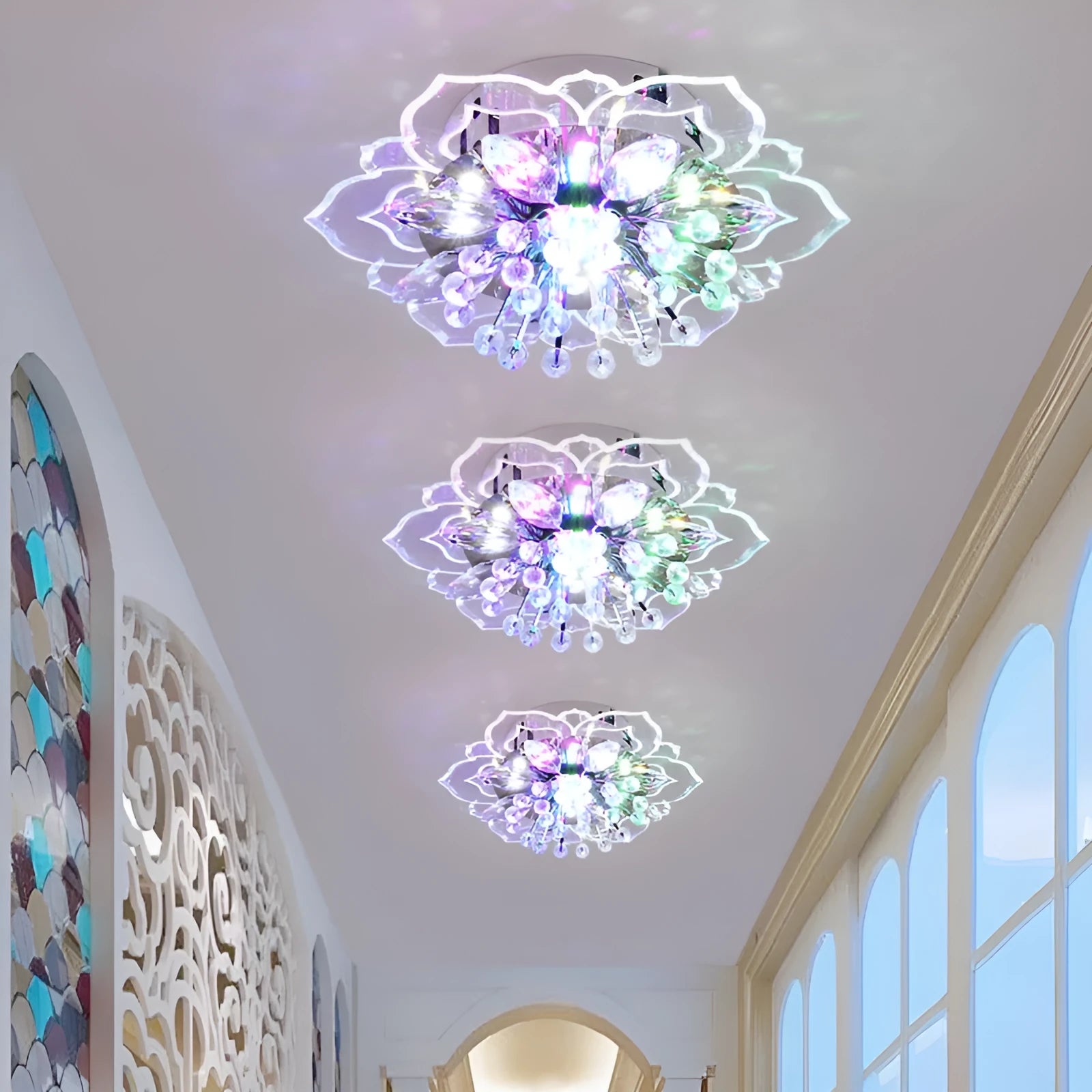 Modern crystal and acrylic ceiling lamp with flower-shaped design and LED light source for residential lighting