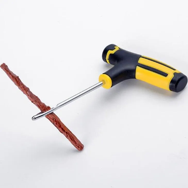 Yellow car tire repair kit with scraper, needle, glue, and 5 rubber strips in blister card packaging, size 16x25.5 cm