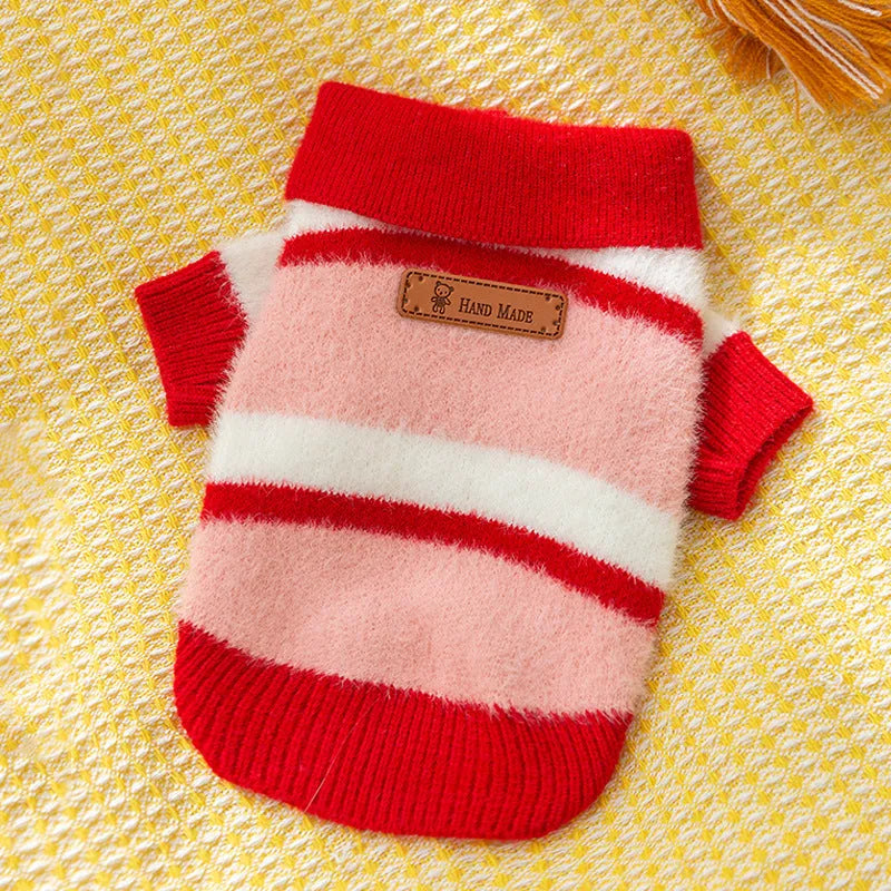Polo collar pet cardigan for small dogs, soft striped knitted fabric, two-legged design, blue and brown stripes