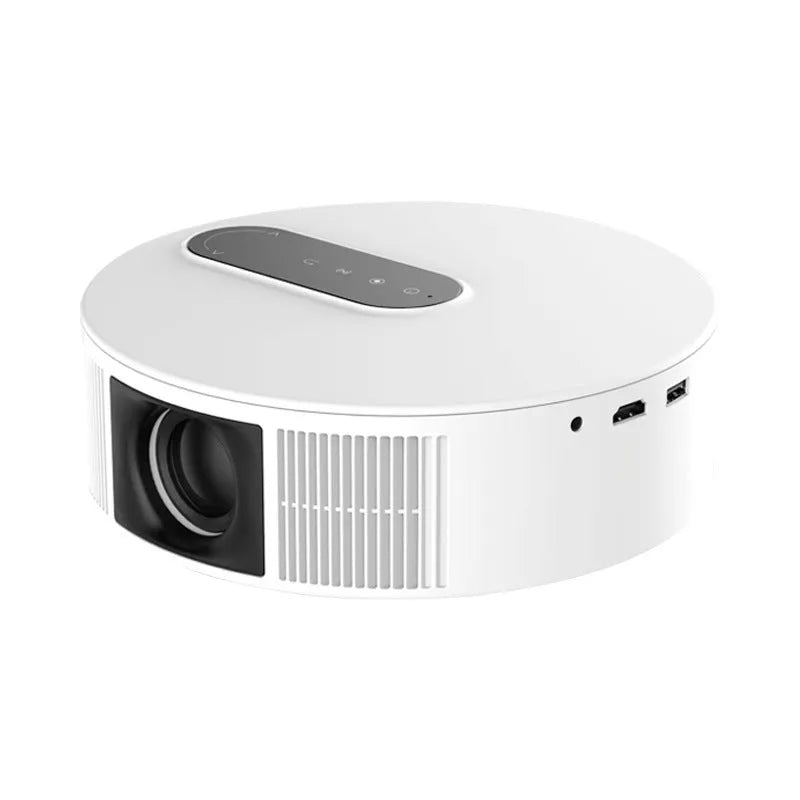 White HD 720p home theatre projector with remote control on a table.