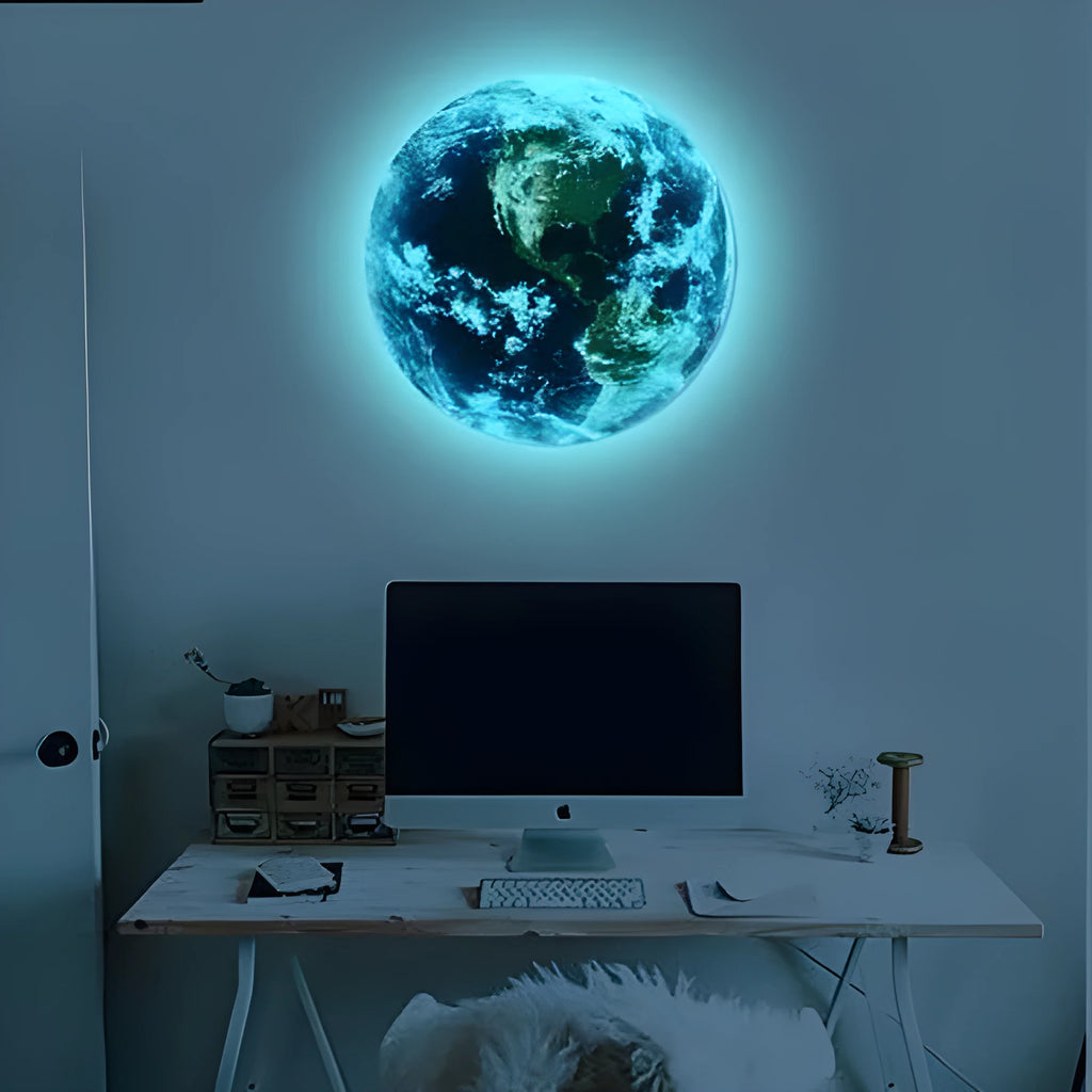 Glow in dark 3D Earth wall sticker showing luminous planet design on wall with astronomy theme