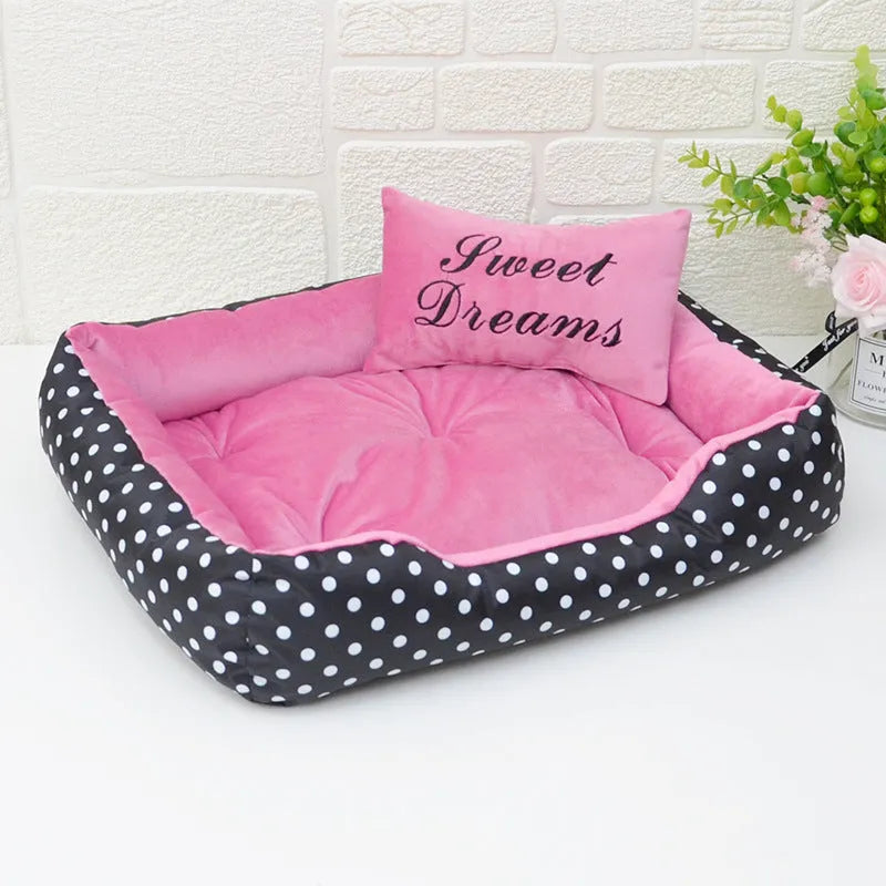 Polka dot printed small dog bed with removable square pillow in grey with matching embroidery